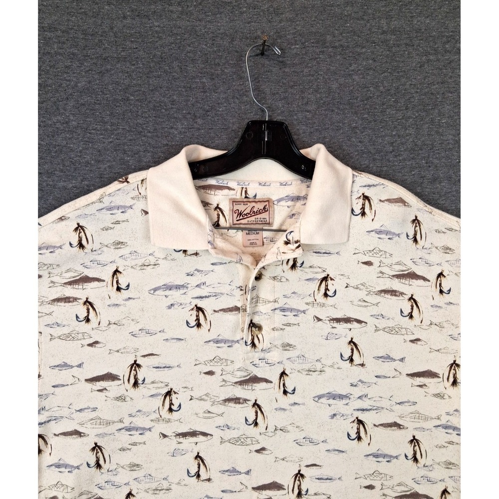 Woolrich Mens Shirt Medium Polo AOP Fishing Fish Beach Resort Coastal Casual